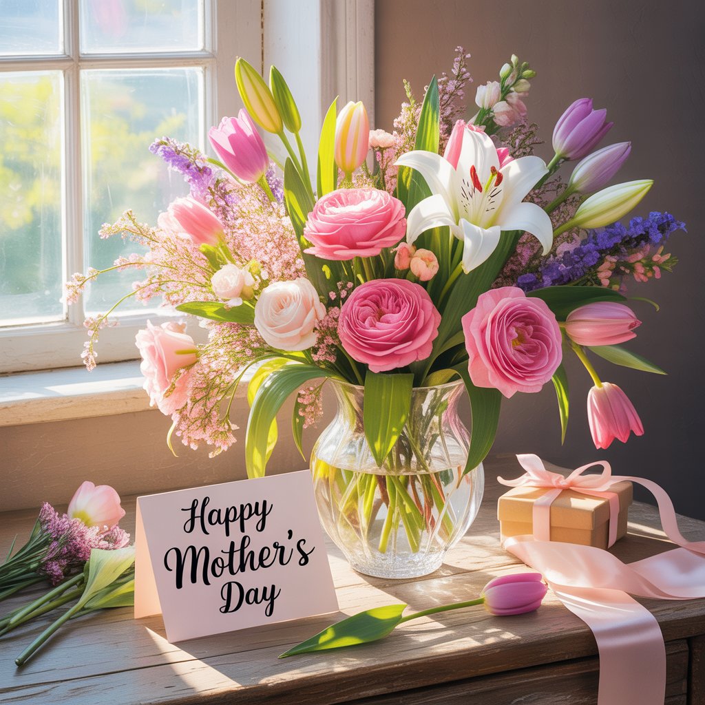 Mother’s Day flower bouquet with pink roses, tulips, and lilies in a glass vase beside a Happy Mother’s Day card and gift box by window light