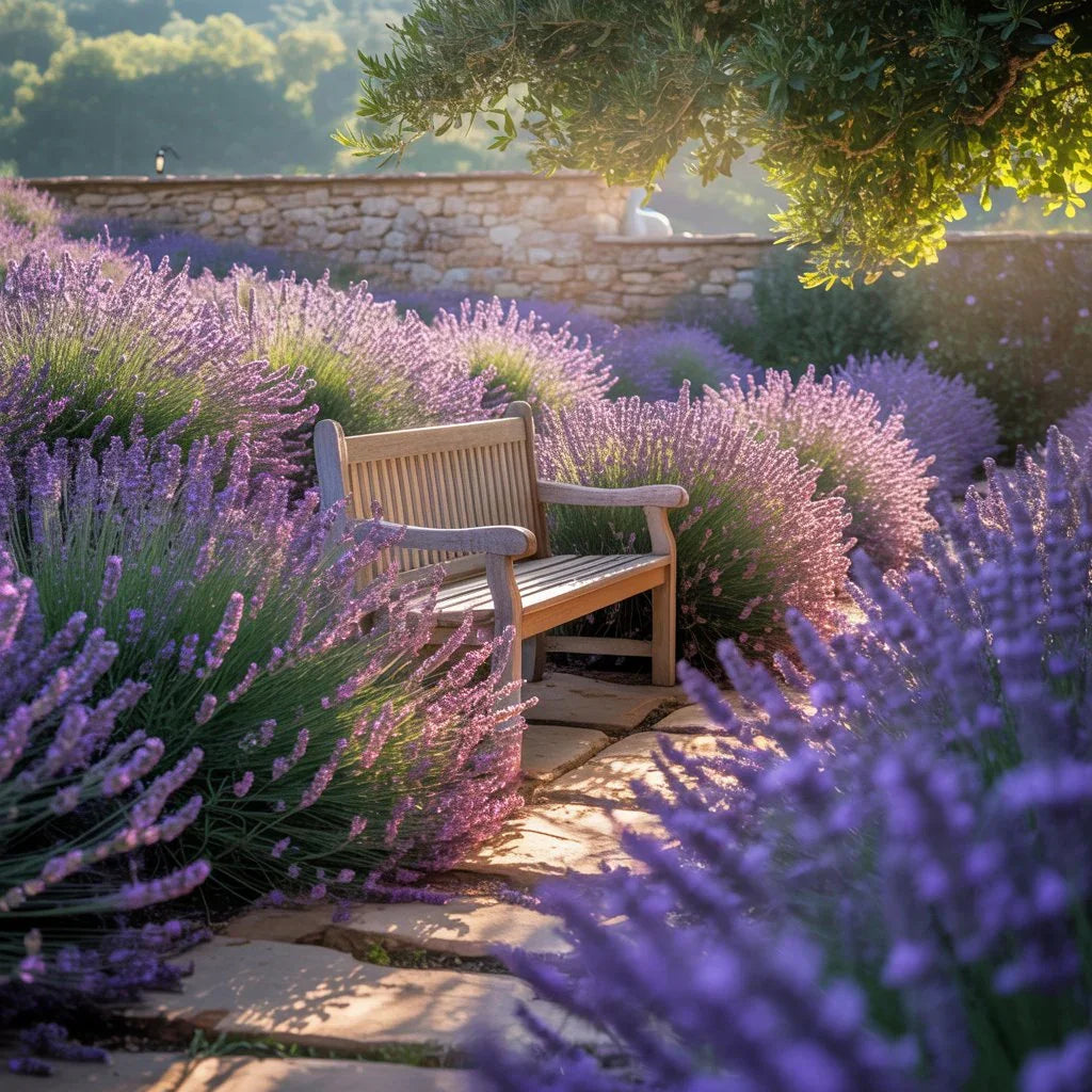 Lavender garden bursting with vibrant purple blooms under summer sunlight