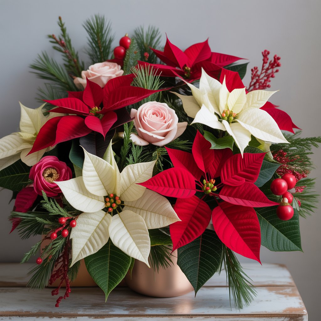 Best Christmas flowers 2025 featuring poinsettias, roses, winter greens and festive holiday arrangements for warm seasonal décor.