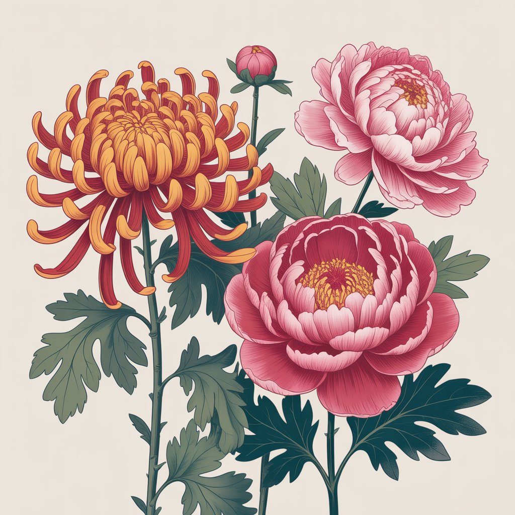 Chrysanthemum and peony, the November birth flowers, symbolizing longevity, prosperity, beauty, and autumn charm.