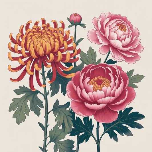 Chrysanthemum and peony, the November birth flowers, symbolizing longevity, prosperity, beauty, and autumn charm.