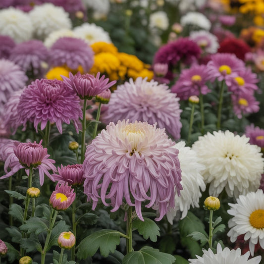 Chrysanthemum flowers in full bloom, showcasing pompon, daisy, and spider varieties, a staple fall perennial in Manhattan gardens.
