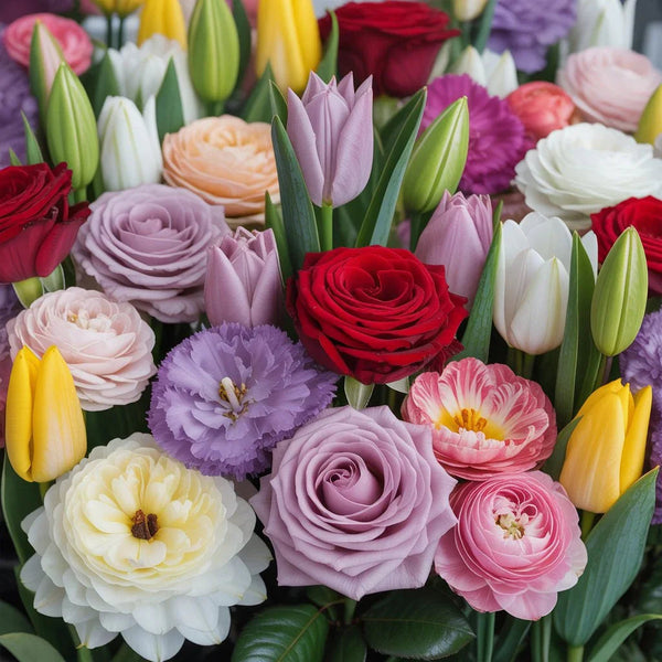 Close-up of various colorful flower types including roses, lilies, and tulips showcasing diverse blooms for gardens and gifts.