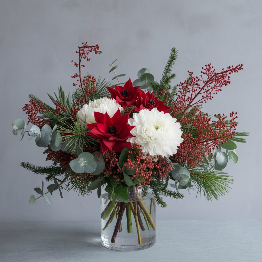 Elegant Christmas flower arrangements by Black Petals with red, white, and winter greenery designed for festive holiday gifting in NYC.