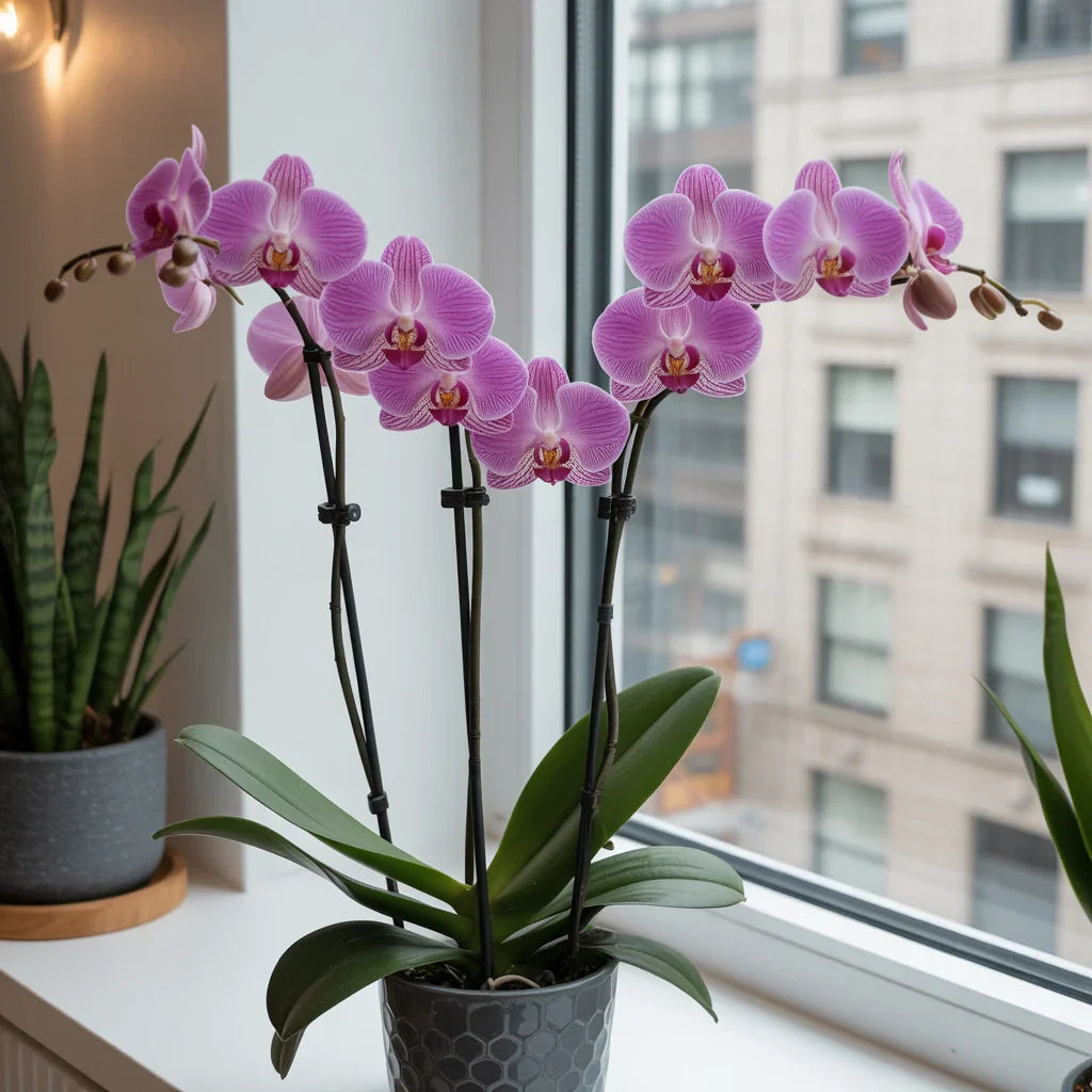 Healthy phalaenopsis orchid plant with elegant long-lasting blooms growing indoors near a bright window in a modern NYC home