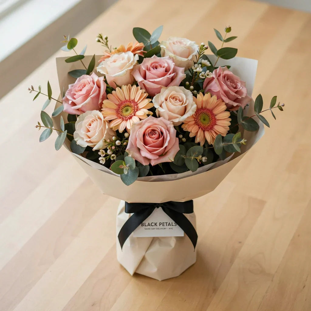 Fresh flower arrangement of roses and gerbera daisies for same-day hospital delivery in New York City by Black Petals