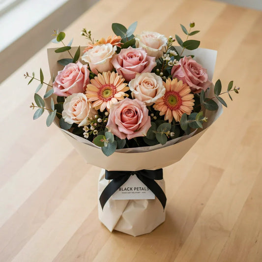 Fresh flower arrangement of roses and gerbera daisies for same-day hospital delivery in New York City by Black Petals