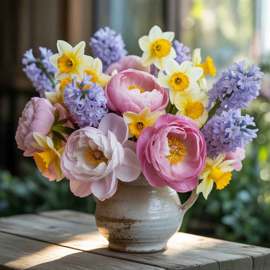 Close-up bouquet of seasonal blooms symbolizing hope, love, and healing with sunlight on petals.