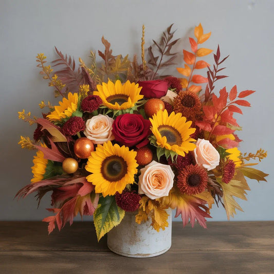 Thanksgiving flower arrangement with sunflowers, mums, roses, and fall foliage in warm orange, red, and gold tones for a seasonal holiday display