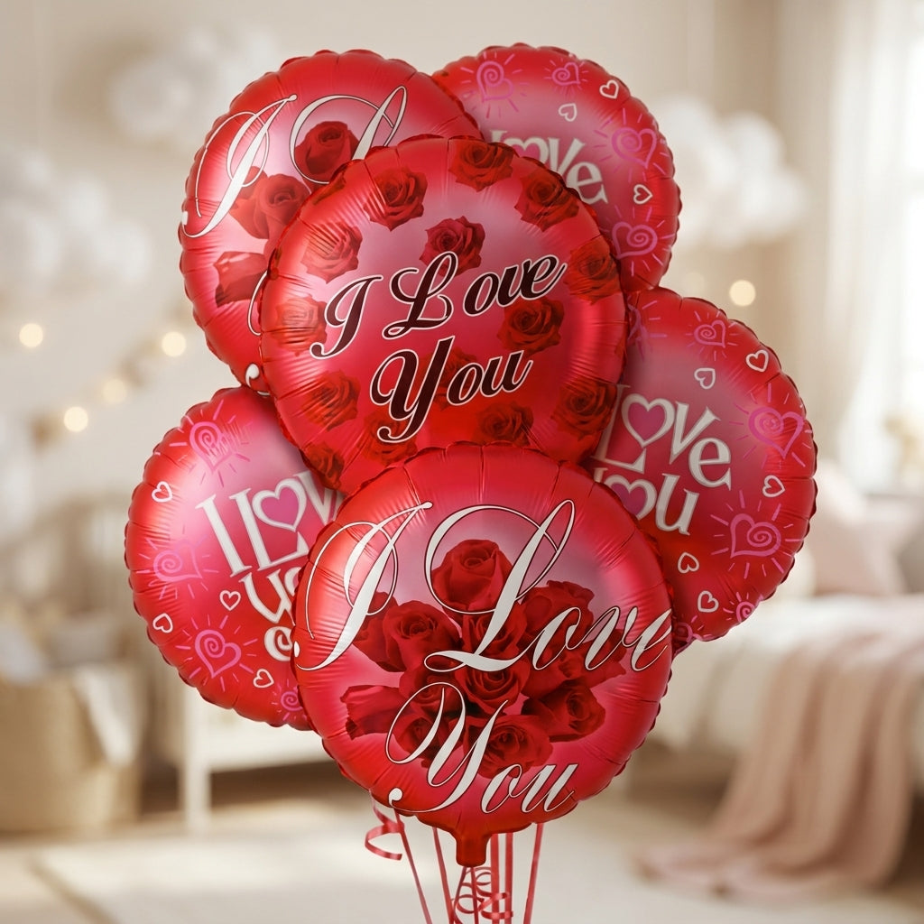 I Love You balloon bouquet featuring six red and pink helium foil balloons with rose and heart designs, perfect for Valentine's Day, anniversaries, proposals, romantic surprises, birthdays, and love celebrations.