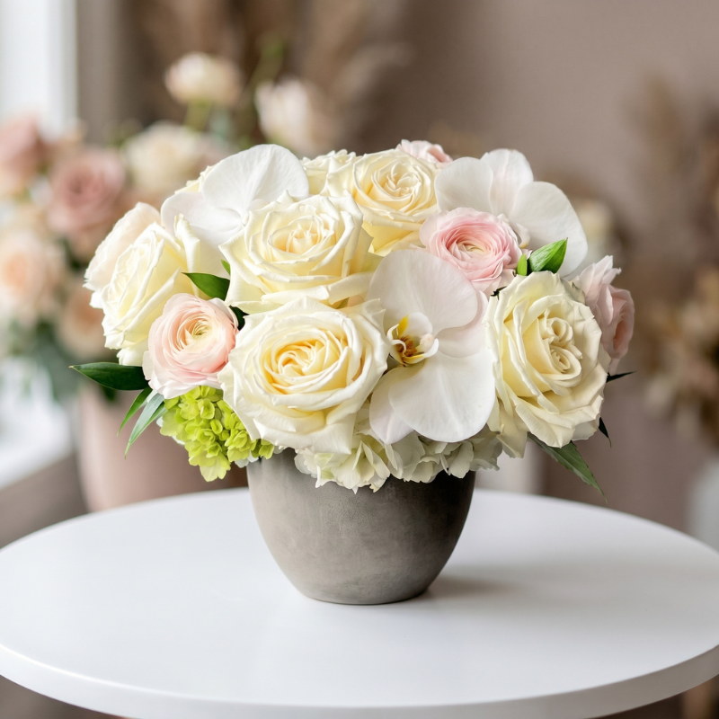 Elegant newborn flower arrangement featuring ivory roses, blush ranunculus, white orchids, hydrangeas, and seasonal blooms in a modern ceramic vase, designed to celebrate the arrival of a new baby.