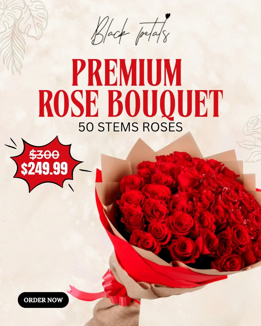 Premium rose bouquet of 50 red roses wrapped in red and brown paper with discount price offer