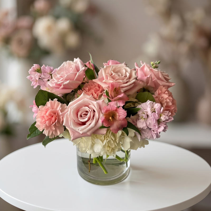 elicate newborn flower arrangement featuring blush pink roses, pink carnations, alstroemeria, stock, and white hydrangeas in a clear glass vase, designed to celebrate the arrival of a new baby girl.
