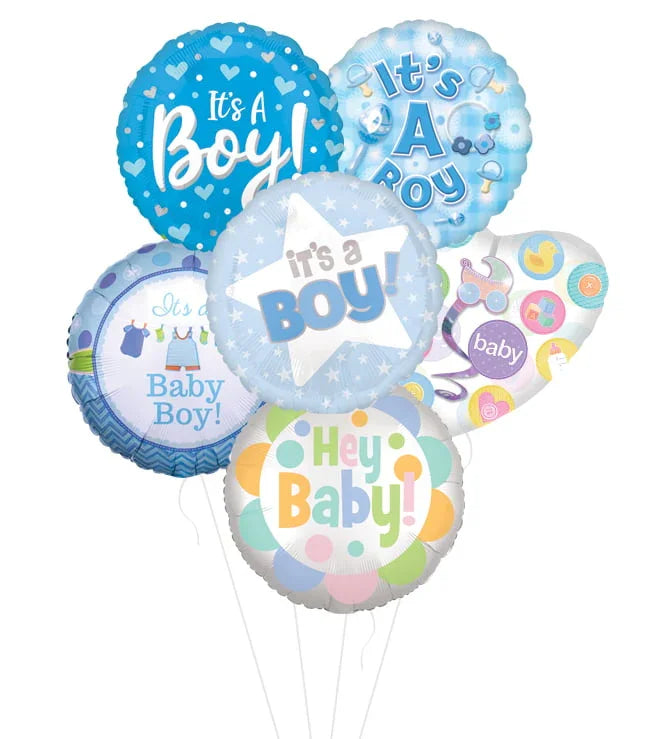 Blue and white helium balloon bouquet with 'It's a Boy' and baby shower themed designs for newborn boy celebration