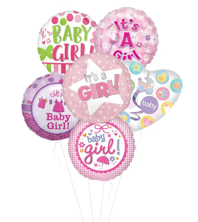 Pink and purple baby girl themed foil balloon bouquet with messages like "It's a Girl" and baby icons