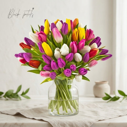 Colorful tulip bouquet in a clear glass vase featuring pink, purple, yellow, white, and red tulips arranged on a neutral table setting.