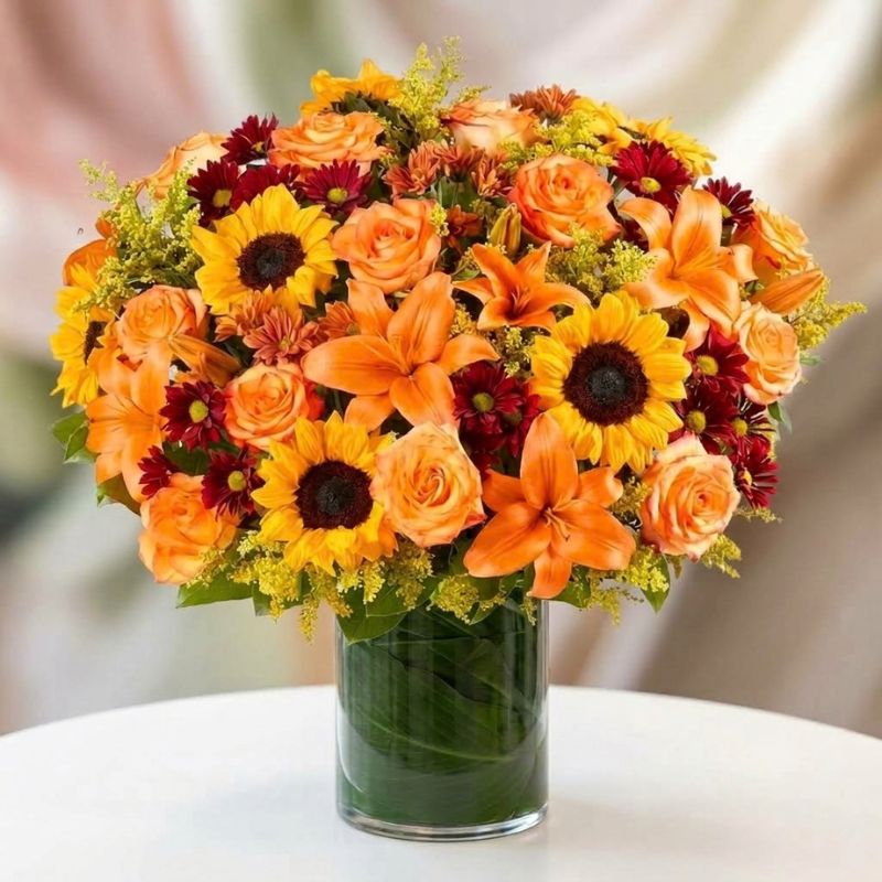 Fall flower arrangement with sunflowers, orange lilies, peach roses, burgundy chrysanthemums, and greenery in a leaf-lined glass vase.