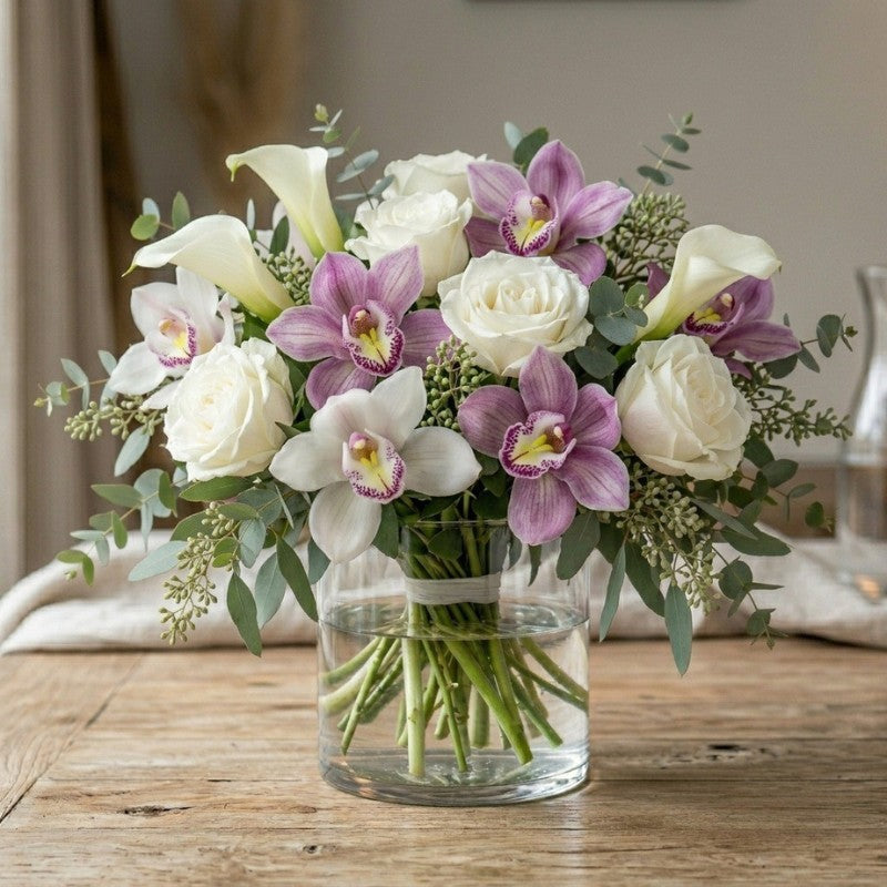Elegant floral arrangement featuring lavender and white cymbidium orchids, white roses, calla lilies, eucalyptus, and seasonal greenery arranged in a clear glass vase.