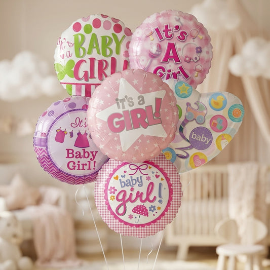 It's a Girl celebration balloon bouquet featuring six pink and pastel helium foil balloons, perfect for welcoming a newborn baby girl, hospital delivery, baby showers, gender reveal celebrations, and new baby gifts.