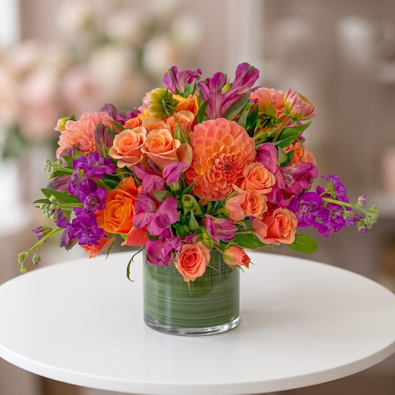 Peach dahlia arrangement with coral roses, purple alstroemeria and seasonal flowers