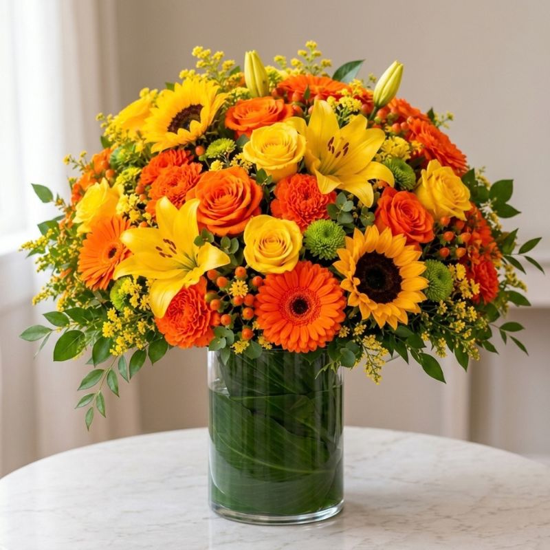 Fall flower arrangement with sunflowers, yellow lilies, orange and yellow roses, orange gerbera daisies, and greenery in a leaf-lined glass vase.