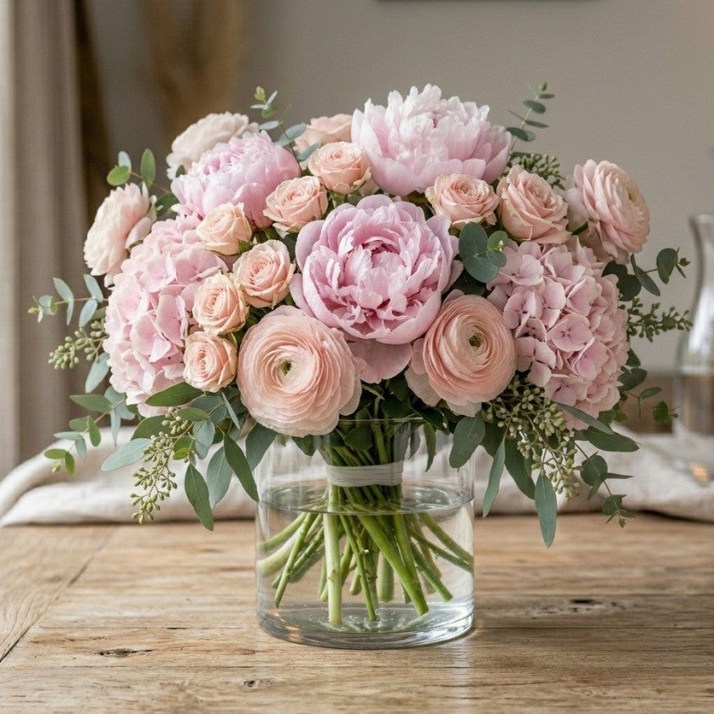 Luxurious blush pink floral arrangement featuring pink peonies, spray roses, ranunculus, hydrangeas, and eucalyptus arranged in a clear glass vase.