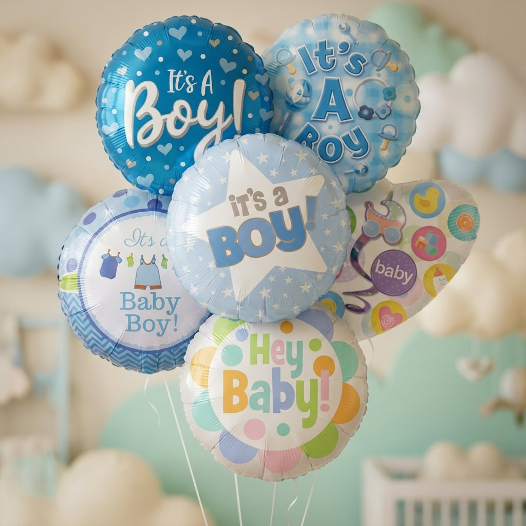 It's a Boy celebration balloon bouquet featuring six blue and pastel helium foil balloons, perfect for welcoming a newborn baby boy, hospital delivery, baby shower, or new baby gift.