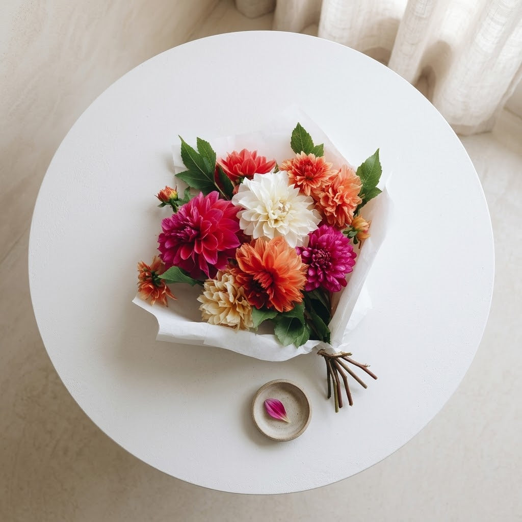 Colorful dahlia bouquet with pink, coral, orange and white dahlias