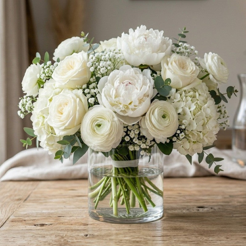 Elegant all-white floral arrangement featuring white roses, peonies, ranunculus, hydrangeas, baby's breath, and eucalyptus arranged in a clear glass vase.