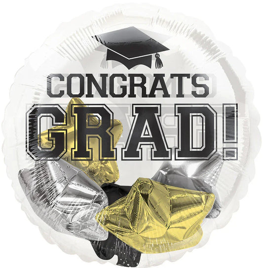 Congrats Grad Black, Silver, Gold Stars Insiders 20" Balloon - Black Petals