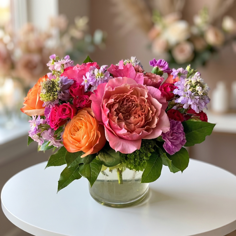 Vibrant floral arrangement featuring a garden rose, orange roses, hot pink spray roses, lavender stock, and seasonal blooms in a clear glass vase.