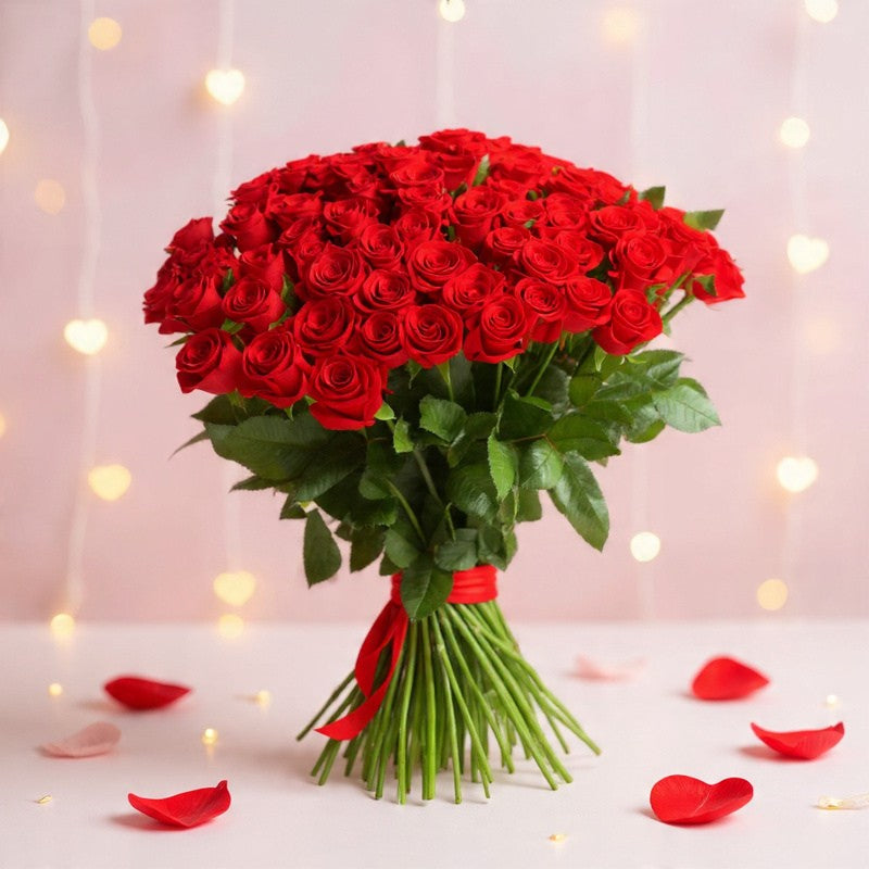 Premium 48 stem red rose bouquet featuring forty-eight fresh long-stem red roses hand-tied with lush green foliage and a red ribbon, perfect for anniversaries, Valentine's Day, proposals, birthdays, and romantic celebrations.