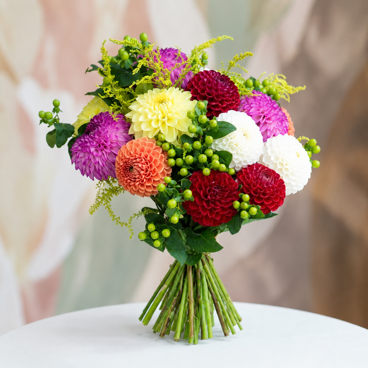 Dahlia Symphony colorful bouquet with burgundy, pink, peach, yellow and white dahlias