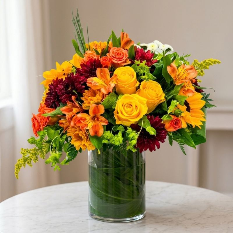 Fall flower arrangement with yellow and orange roses, sunflowers, orange alstroemeria, burgundy chrysanthemums, and greenery in a leaf-lined glass vase.