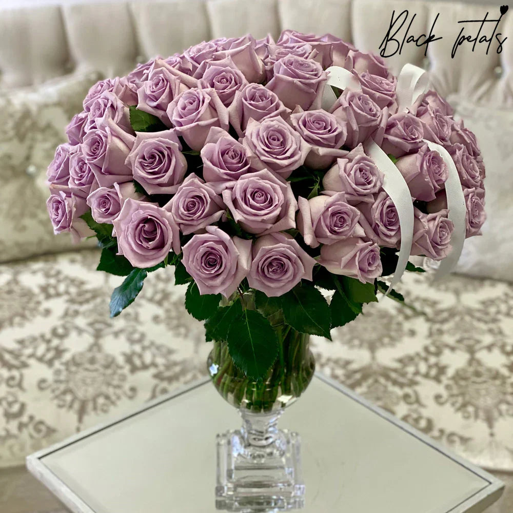 75 BP Lavender Roses In A Glass Vase - Black Petals