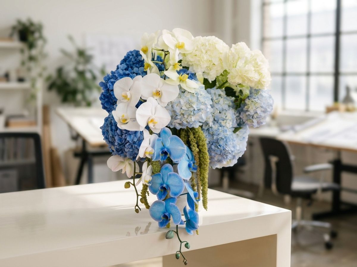 Luxurious blue and white floral arrangement featuring vibrant blue and soft blue hydrangeas, cascading blue and white orchids, creamy white blooms, and trailing green amaranthus in an elegant vase.