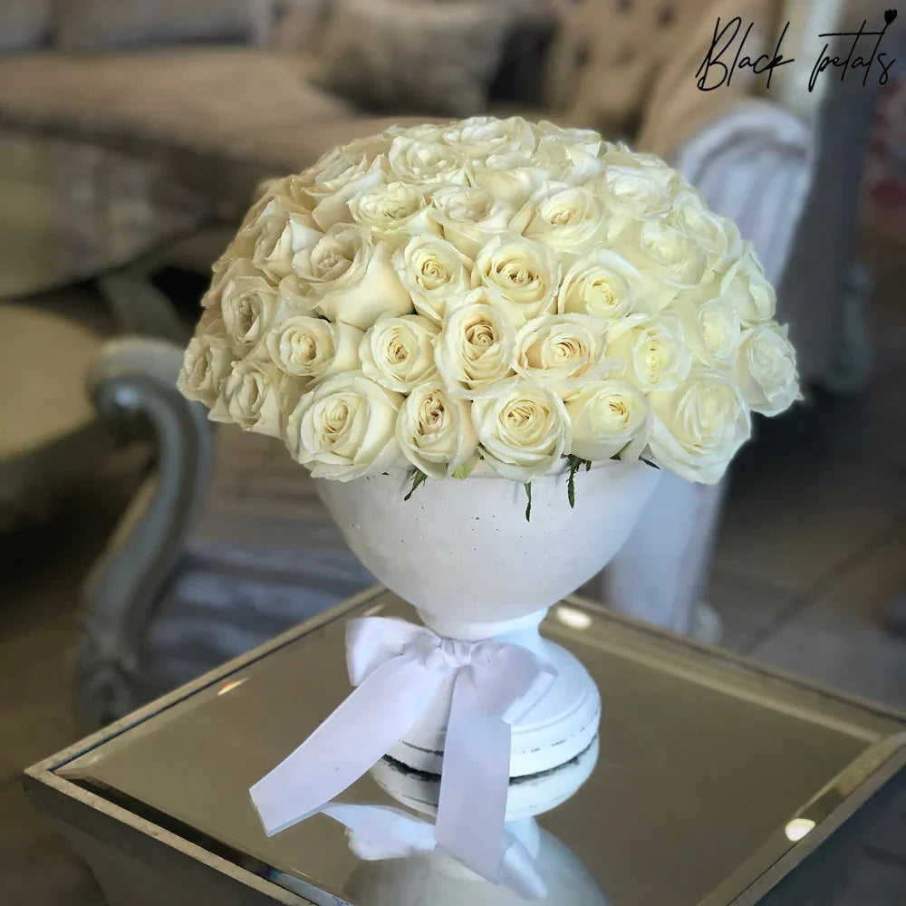 All White Roses In A Vase - Black Petals
