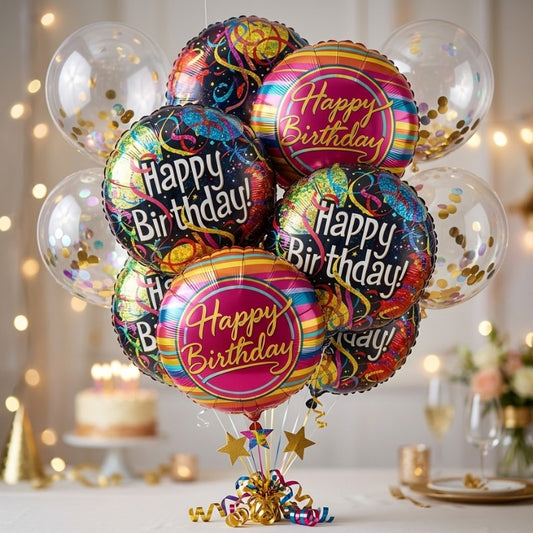 Colorful Happy Birthday balloons with festive swirls and stripes against white background