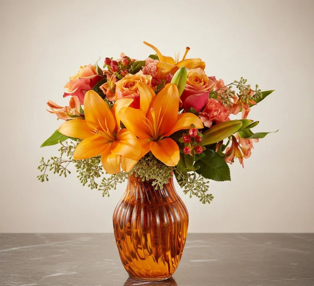 Autumn flower bouquet with orange lilies, peach roses, and greenery in amber glass vase on marble table