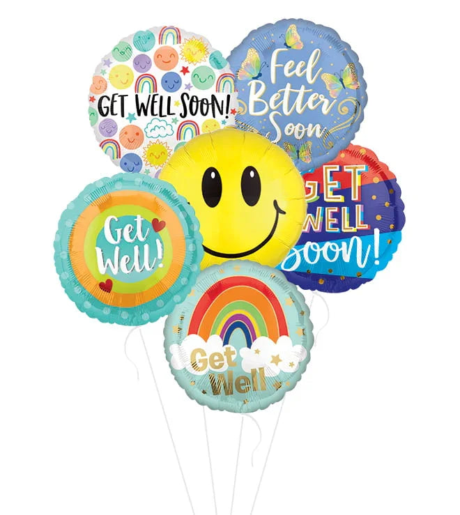 Colorful get well soon balloons with smiley face, rainbows, butterflies, and cheerful messages