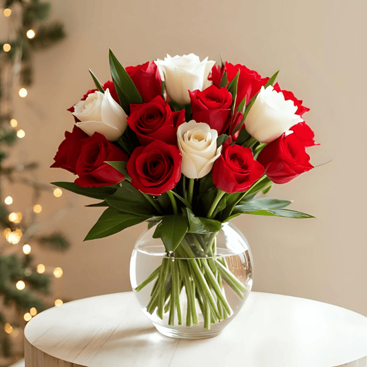 Scarlet & Pearl Rose Vase showcasing mixed red and white roses in a stylish vase for gifting and decor