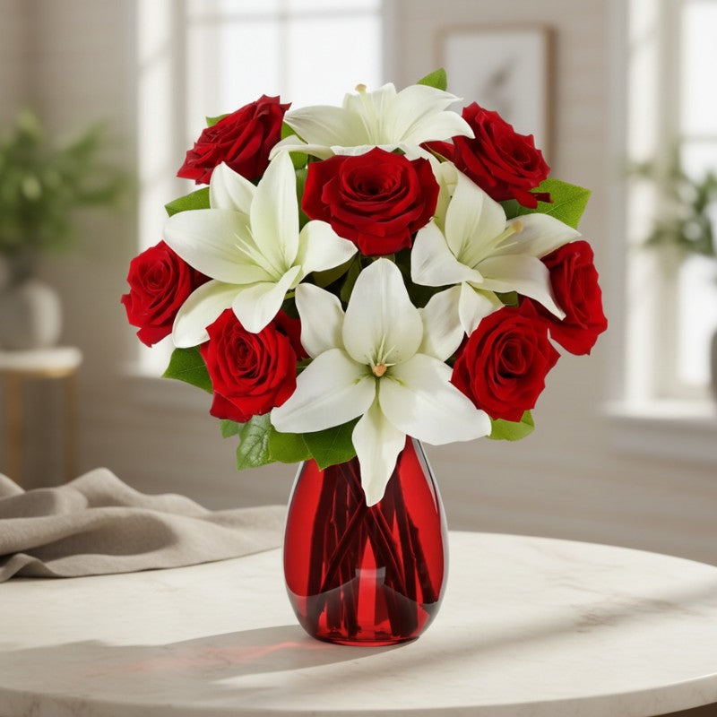 Classic Red Rose & White Lily Bouquet - Black Petals