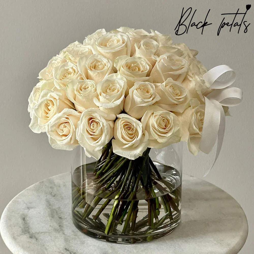 Clean And Classic White Roses In A Vase - Black Petals