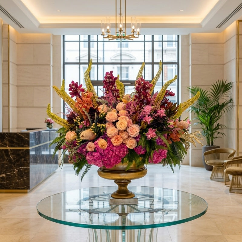 Grand Atrium Floral Display by Black Petals featuring premium roses, orchids, hydrangeas, tropical blooms, and seasonal flowers in a luxury pedestal vase for hotel lobbies, corporate offices, and commercial spaces.