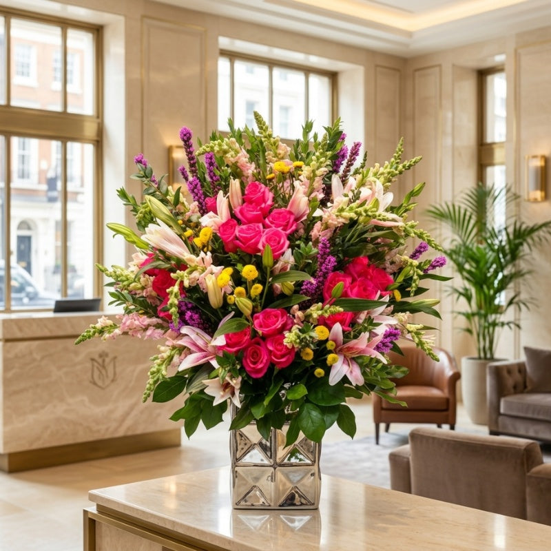 Signature Lobby Floral Arrangement by Black Petals featuring premium pink roses, lilies, snapdragons, and seasonal blooms in a luxury vase for offices, hotels, and commercial spaces.