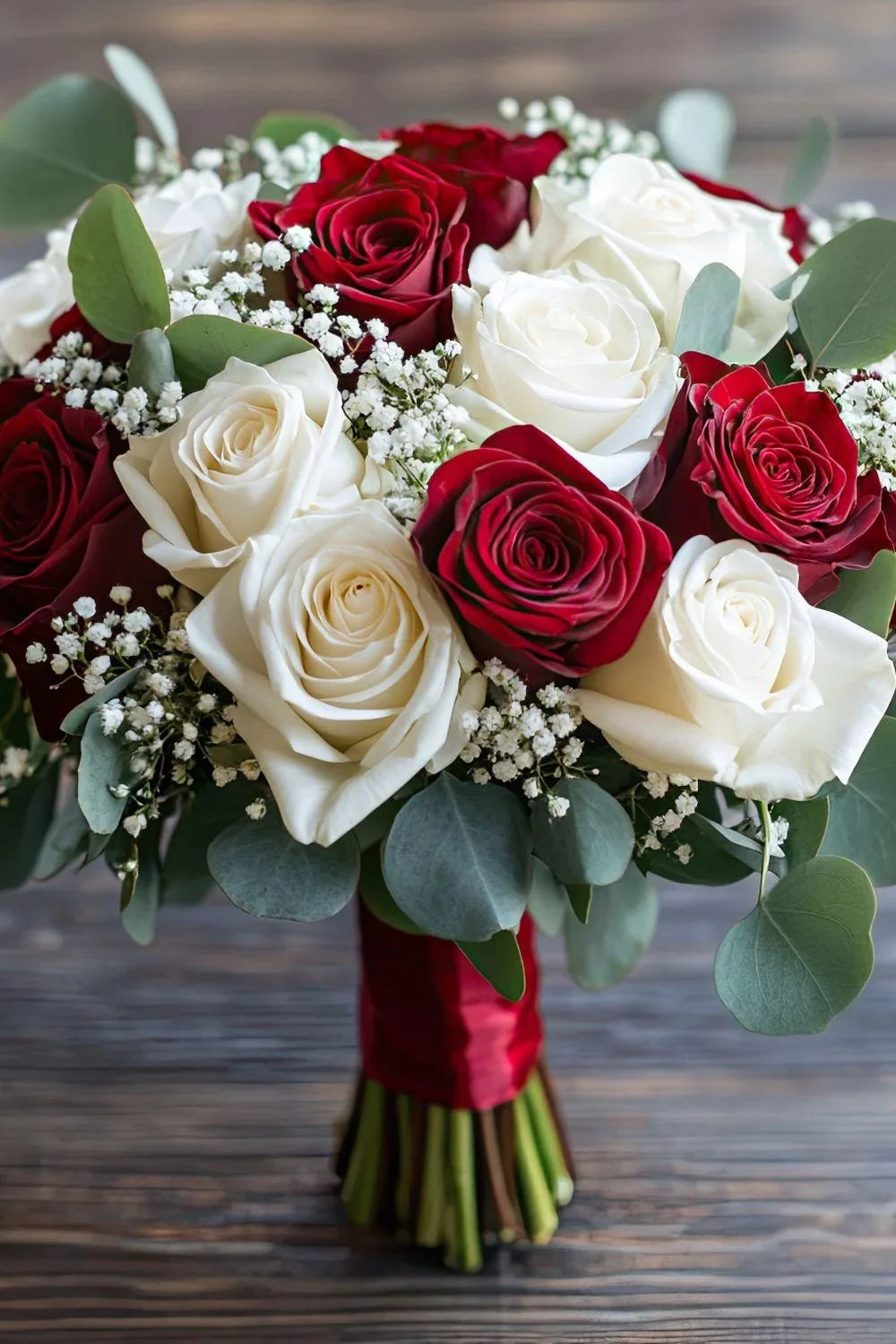 Bridal bouquet of red and white roses with baby's breath and eucalyptus on wooden surface