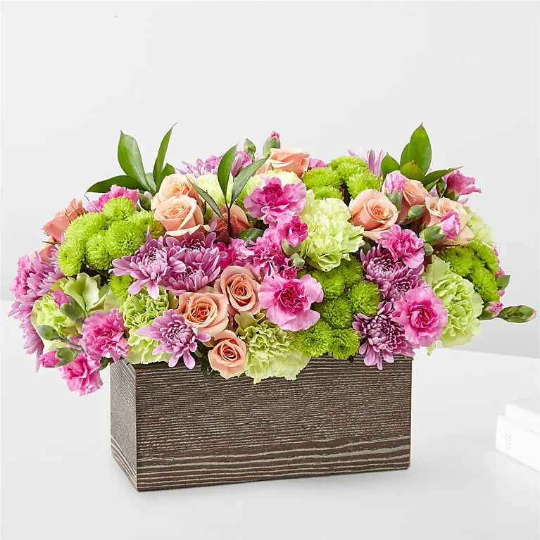 Simple Charm Bouquet with hydrangeas, roses, and carnations in a rustic wooden box, available for same-day delivery in Manhattan & NYC.