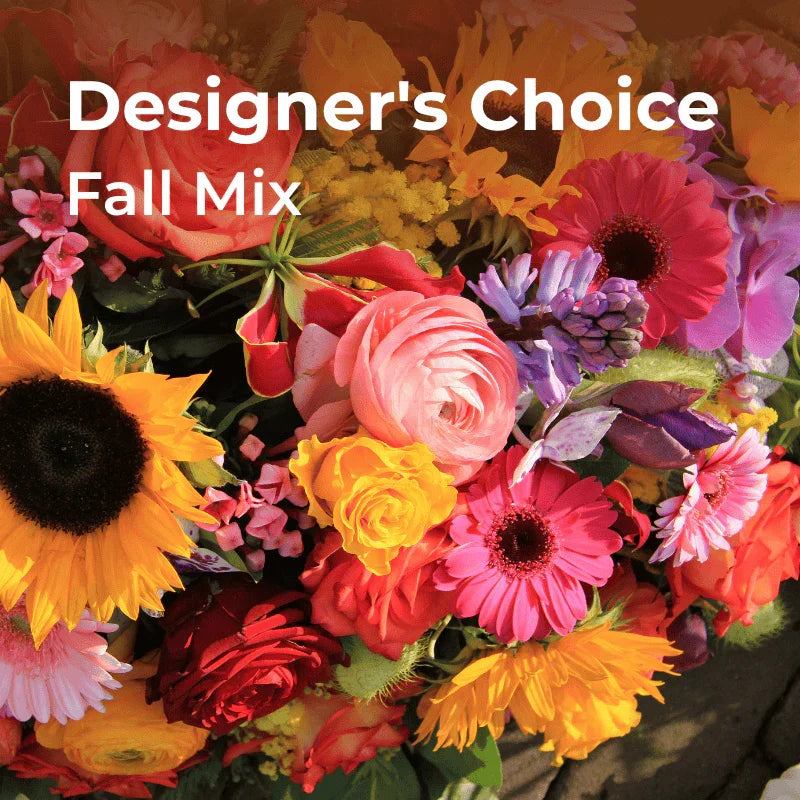 Colorful fall flower bouquet with sunflowers, roses, gerbera daisies, and seasonal blooms