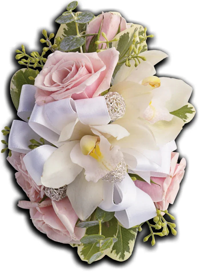 Elegant wrist corsage with pink roses, white orchids, green leaves, and white ribbon bow