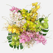 Vibrant bouquet of exotic orchids in pink, yellow, white, and green with curly twigs on white background